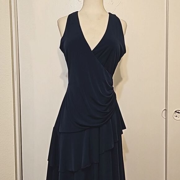 Luxe by Carmen Marc Valvo Navy Blue Fit and Flare Ruffled Dress - Picture 1 of 10